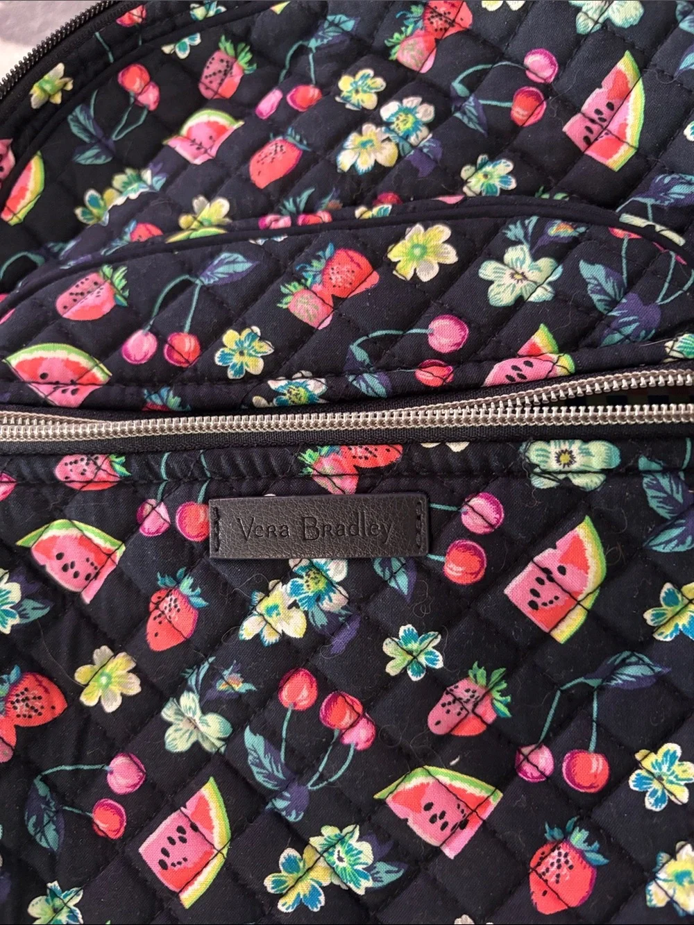 Vera Bradley Black Quilted MINI Backpack with Pink & Red Fruit Floral Print
